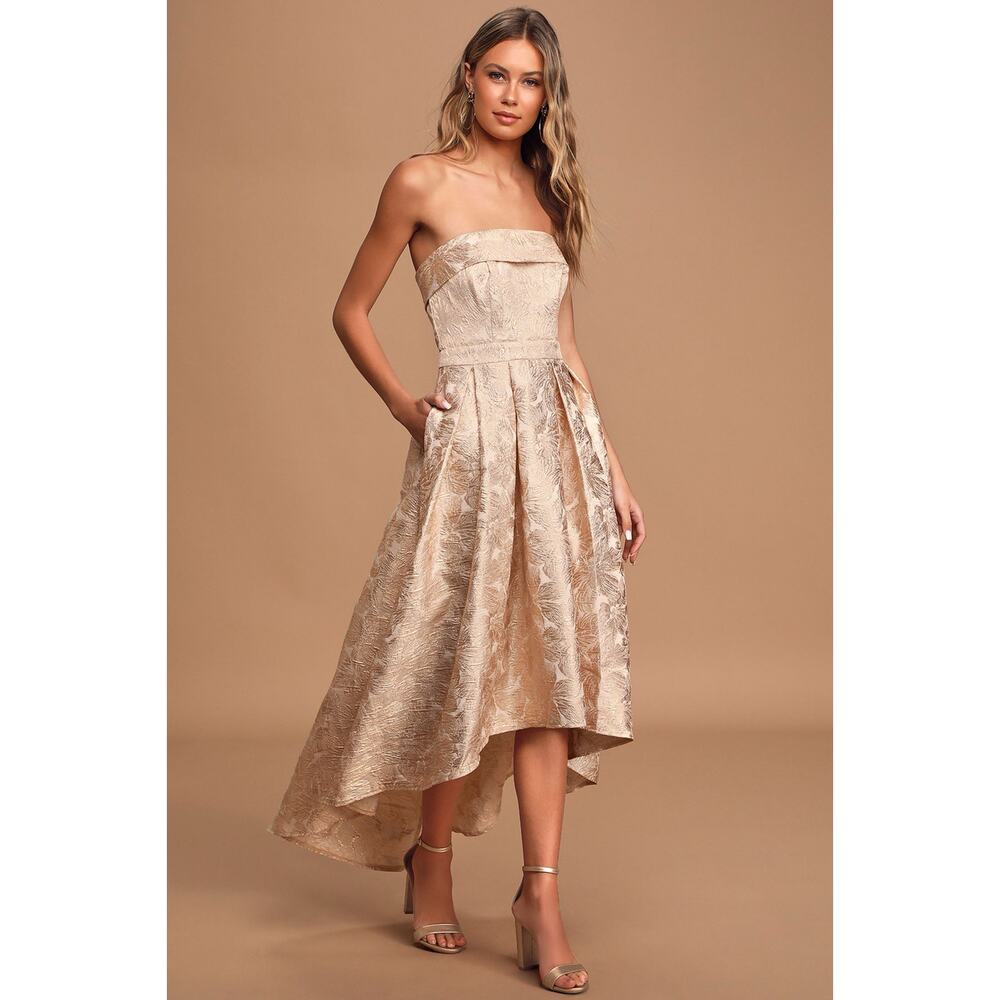 Lulus Floral Jacquard Strapless High Low Hem Formal Maxi Dress Size S